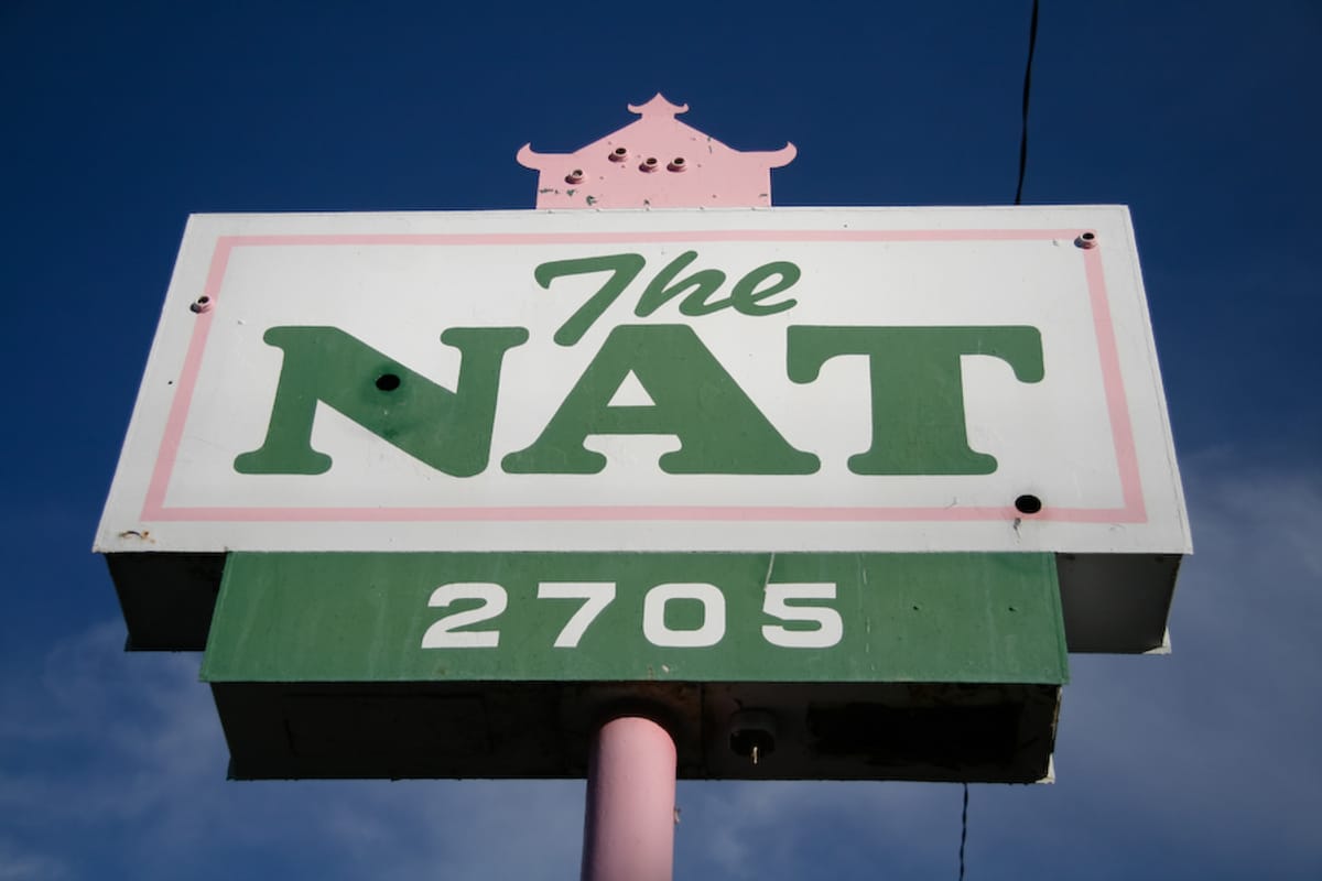 The now-famous sign calling out The Nat (Amarillo Natatorium)