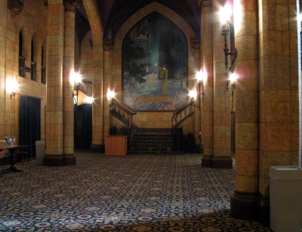 The castle-like entrance to the Elsinore theater, said to be full of ghosts