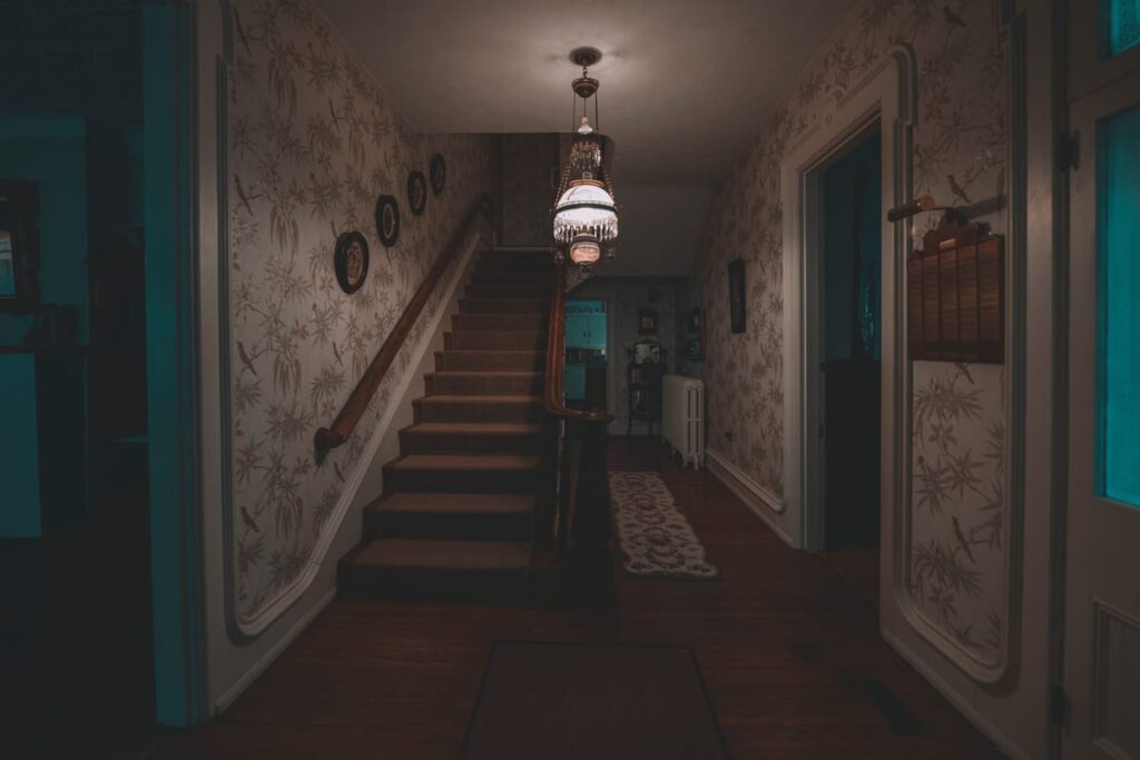 The first floor landing of Illinois' haunted Cheney Mansion where moving shadows have been reported
