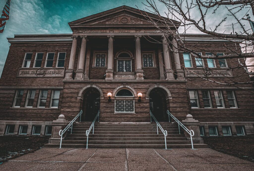 A former Carnegie Library looms ominous over the small town of Janesville, Wisconsin