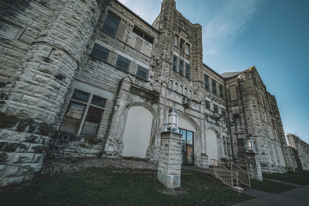 The imposing facade of Missouri State Penitentiary, haunted prison in Jefferson