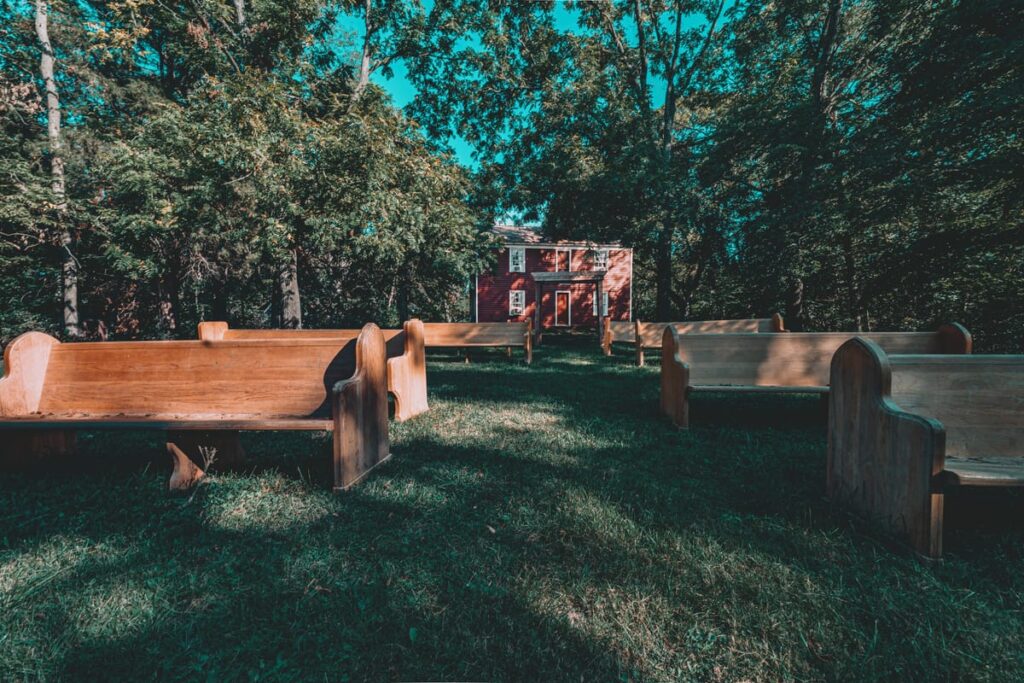 Pews are in the backyard where hosted wedding celebrations occur, but rumors of strange shadows moving in the night are reported as well