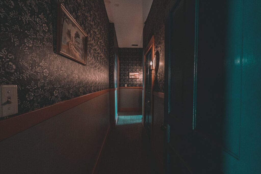 Tight hallways add to the ambience of the haunted hotel
